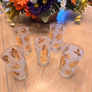 Vintage Libbey White Frosted Gold Leaf 5-Tumbler Glasses